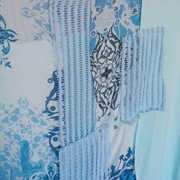 POL Blue Boho Print + Sheer Knit V Neck Rayon Jersey Top - Picture 7 of 14